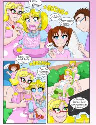 blonde_hair bonnet brown_hair comic dialogue diaper green_skin happy_trance kiddom kobi94 mother_and_daughter sisters spiral_eyes symbol_in_eyes text trigger rating:Questionable score:32 user:godofwar99