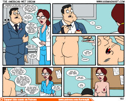 american_dad black_hair bottomless breasts comic cunnilingus dialogue doctor erect_nipples femdom glasses heterosexual hypnotic_drug karmagik kneeling malesub nude oral ponytail red_hair stan_smith text topless trish_(american_dad) undressing rating:Explicit score:8 user:Grim