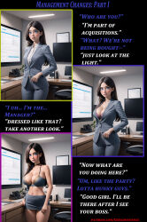 ai_art before_and_after breasts business_suit caption femsub gregory_michelson_(generator) large_breasts manip office_lady sequence text rating:Questionable score:126 user:Greg2470