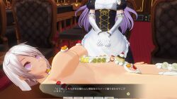 3d absurdres bottomless breasts custom_maid_3d_2 dialogue femsub happy_trance human_furniture large_breasts long_hair lying maid nude nyotaimori pink_eyes purple_hair ring_eyes small_breasts smile swallow774 symbol_in_eyes text topless translated white_hair rating:Explicit score:25 user:kegmeg