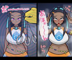 ahegao before_and_after bikini breasts coin dark_skin femsub glowing glowing_eyes hypno japanese_text jewelry kanrikokka large_breasts maledom midriff nessa_(pokemon) nintendo pendulum pink_eyes pokemon pokemon_(creature) pokemon_sword_and_shield swimsuit text tongue tongue_out translation_request rating:Questionable score:67 user:plsignore