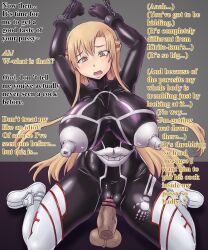anus asuna blonde_hair bondage boots breasts chains corruption dialogue discolored_nipples femsub heterosexual huge_breasts huge_nipples knee-high_boots latex long_hair mahou-ya nightmare_fuel open_mouth penis pussy sword_art_online text topless rating:Explicit score:49 user:Itzugushi