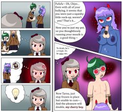 angry blue_skin blush bottomless breasts comic doc-helix fellatio femdom femsub glasses glowing glowing_eyes green_hair hypnotic_eyes kazue_(doc-helix) large_breasts malesub monster_girl nude original penis purple_hair school_uniform silver_hair text topless vampire rating:Explicit score:42 user:Doc-Helix
