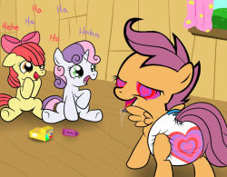 animals_only apple_bloom diaper drool femsub happy_trance heart heart_eyes hypnotic_accessory kraudian_(manipper) my_little_pony open_mouth scootaloo sweetie_belle symbol_in_eyes rating:Questionable score:9 user:Kraudian
