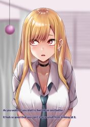 amagiri_miki blonde_hair blush breasts choker cleavage collarbone earrings expressionless femsub hard_translated large_breasts long_hair maledom marin_kitagawa my_dress-up_darling open_mouth pendulum red_eyes school_uniform text tie tongue translated rating:Safe score:19 user:roseateheart