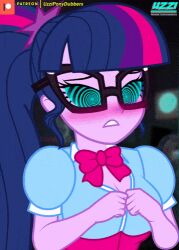 animated animated_gif blue_eyes blush bow_tie bra breasts breasts_outside censored equestria_girls exposed_chest female_only femsub glasses hair_ornament large_breasts lip_biting my_little_pony open_mouth ponytail purple_hair purple_skin solo spiral_eyes straight-cut_bangs symbol_in_eyes twilight_sparkle undressing uzzi-ponydubberx rating:Explicit score:91 user:Hypnosex