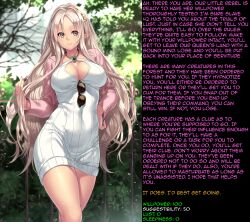 bare_legs blonde_hair breasts caption caption_only cleavage dress elf elf_ears erect_nipples female_only female_pov houtengeki hwd171_(manipper) large_breasts legs long_hair looking_at_viewer manip original pink_hair pov text very_long_hair rating:Questionable score:81 user:hwd171