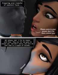 3d absurdres barcode bottomless breasts collar comic drone female_only femsub graybot hypnotized_hypnotist kissing latex nude overwatch pharah source_filmmaker supercasket text topless rating:Questionable score:54 user:Drex_O