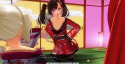 3d blue_eyes blush breasts brown_hair dialogue japanese_clothing kamen_writer_mc kimono large_breasts lipstick mc_trap_town ponytail red_lipstick screenshot text translated twintails white_hair rating:Questionable score:4 user:Amazingbrahjr