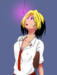 black_hair blonde_hair busshock chair cleavage dazed empty_eyes erika_(er-ikaa) expressionless female_only femsub glowing glowing_eyes multicolored_hair open_mouth original pendulum school_uniform short_hair sitting skirt tie rating:safe score: user:busshock