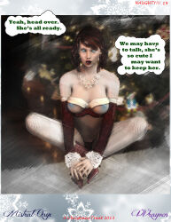 3d absurdres blue_eyes boots breasts christmas comic erect_nipples expressionless femsub fishnets lingerie magic maledom mistralonyx necklace nipples original poser sitting text thighhighs underwear vvrayven rating:Questionable score:21 user:VVrayven