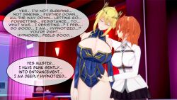 artoria_pendragon_(lancer) blonde_hair breasts cleavage crown dazed eyebrows_visible_through_hair fate/grand_order fate_(series) female_only femdom femsub hair_ornament hand_on_hip huge_breasts lillytank_(positionist) lillytank_(writer) open_mouth orange_hair pendulum ritsuka_fujimaru scrunchie sequence short_hair sleeping smile swaying text unaware rating:Safe score:74 user:LillyTank