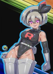  bea_(pokemon) blush breasts corruption dark_skin enemy_conversion evil_smile female_only femsub grey_hair happy_trance large_breasts latex nintendo nun_(artist) pokeball pokemon pokemon_sword_and_shield short_hair smile solo symbol_in_eyes team_rocket  rating:questionable score: user:proyecto38