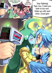 ahoge angry before_and_after bimbovaporeon blue_hair blue_skin blush breast_expansion breast_press breasts cleavage closed_eyes dialogue femsub goo_girl green_hair harpy_girl hypnotic_gun instant_loss jacket kissing large_breasts light_skin maledom malesub monster_girl monster_musume multiple_girls multiple_subs papi_(monster_musume) red_eyes short_hair speech_bubble sub_on_sub suu_(monster_musume) text transformation transgender tube_top very_long_hair wings rating:Questionable score:76 user:OldLurker