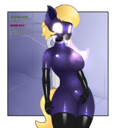 blonde_hair breasts drone expressionless female_only femsub gas_mask large_breasts latex mask my_little_pony short_hair solo text thighhighs xorza rating:explicit score: user:ribcaca