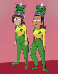  brown_hair dark_skin earrings expressionless female_only femsub gigi_thompson inside_job jimmy_neutron_(series) long_hair ponytail reagan_ridley red_background simple_background somnowalkerx standing uniform western yolkian  rating:safe score: user:multilimbedxeno