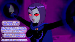 aware cloak clothed dc_comics dialogue dogdog english_text female_only goth grey_skin magic purple_hair raven red_eyes solo text rating:Safe score:1 user:Bootyhunter69