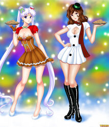 absurdres blue_eyes boots breasts brown_hair christmas cleavage earrings empty_eyes fujiko_mine happy_trance hat high_heels jewelry large_breasts lipstick long_hair lupin_iii milf multiple_girls queen queen_serenity red_eyes sailor_moon_(series) silver_hair tenzen twintails rating:Questionable score:87 user:daveyboysmith9