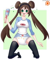 absurdres blush brown_hair diaper double_hair_bun female_only femsub hair_buns happy_trance headphones hypnotic_audio nintendo pokemon pokemon_black_and_white_2 rattle ring_eyes rosa_(pokemon) solo thighhighs tongue tongue_out twintails xjio rating:Questionable score:26 user:Sleepyhead97