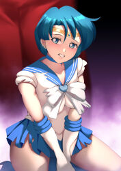 blue_hair breasts christmas collar defeated gauntlets haryudanto high_heels kneeling magical_girl sailor_mercury sailor_moon_(series) short_hair skirt torn_clothes rating:Questionable score:59 user:SexyHex