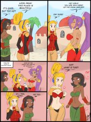 absurdres black_hair blonde_hair comic dark_skin female_only femdom femsub genie harem_outfit hypnotic_dance iconoclasts mina_(iconoclasts) purple_hair robin_(iconoclasts) shantae shantae_(series) tagme text transformation zronku rating:Questionable score:108 user:viltai