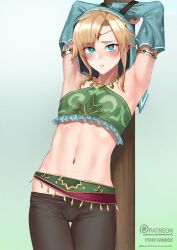 androgynous armpits blonde_hair blue_eyes blush bondage breath_of_the_wild bulge clothed crossdressing diplo_song_(manipper) gerudo harem_outfit heart heart_eyes ikemeru jewelry leggings link long_hair looking_at_viewer male_only malesub manip midriff navel nintendo open_mouth pov pov_dom rope solo symbol_in_eyes the_legend_of_zelda tights trap rating:Questionable score:91 user:Diplo_Song