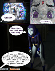 3d absurdres breasts comic dc_comics drool female_only femsub grey_skin hypnotic_screen large_breasts purple_hair raven source_filmmaker super_hero supercasket teen_titans text rating:Questionable score:82 user:Drex_O