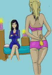 absurdres bed bell blonde_hair blue_hair brown_eyes candle earrings faustus female_only flame jewelry original underwear rating:Questionable score:18 user:pokemongirl