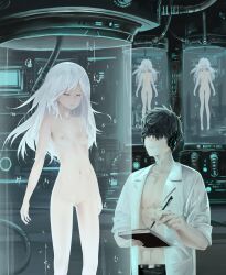 absurdres bottomless breasts femsub ishii-239 long_hair nude original scientist silver_hair stasis_tank tech_control topless rating:Questionable score:48 user:KoolKool993