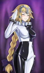 aware blonde_hair blush body_control braid cameltoe closed_eyes clown fate/apocrypha fate/grand_order fate_(series) femsub hair_ornament hair_ribbon jeanne_d'arc_(fate) resisting ribimura saluting simple_background standing_at_attention tears unhappy_trance very_long_hair rating:Questionable score:27 user:SaltyGacha