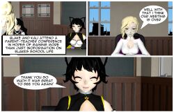 3d absurdres animal_ears blake_belladonna blonde_hair bodysuit cat_girl comic female_only glynda_goodwitch happy_trance kali_belladonna multiple_girls rwby tech_control tepmarmy text yellow_eyes rating:Questionable score:18 user:numemaru