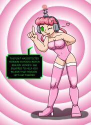 antenna breasts cleavage erect_nipples female_only fembot femsub happy_trance headphones hypnotic_accessory large_breasts latex leaning_forward leotard nintendo nurse nurse_joy one-piece_swimsuit one_eye_open open_mouth pink_hair pokemon pokemon_(anime) robotization short_hair smile solo spiral_background spiral_eyes supertechno324 swimsuit symbol_in_eyes tech_control text thighhighs wink rating:Questionable score:37 user:SuperTechno324