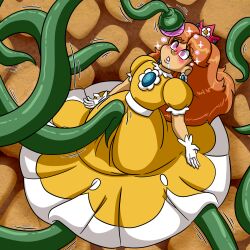  blush crotch_rub crown dress drool earrings femsub gloves hypnotic_tentacle kneeling lipstick long_hair maggotmike nintendo princess_daisy spiral_eyes super_mario_bros. tentacles  rating:explicit score: user:maggotmike