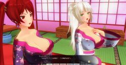 3d breasts chelsea_(mc_trap_town) cleavage dialogue female_only green_eyes kamen_writer_mc kimono large_breasts mc_trap_town multiple_girls ponytail red_eyes red_hair rina_(mc_trap_town) screenshot text translated twintails white_hair rating:Questionable score:5 user:Amazingbrahjr