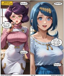 ai_art blue_hair devianbar dialogue glasses lana's_mother large_breasts long_hair nintendo pokemon purple_hair short_hair team_hypno text wicke rating:Safe score:3 user:Proyecto38