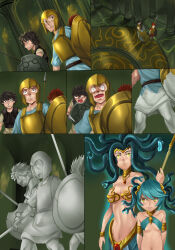 absurdres armor breasts brown_hair cleavage comic femdom femsub gorgon ibenz009 large_breasts loli long_hair malesub midriff monster_girl open_mouth original petrification red_hair shield short_hair slit_pupils snake snake_hair spear twintails weapon rating:Questionable score:61 user:sk00