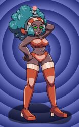 absurdres afro antenna breasts dark_skin erect_nipples female_only fembot femsub green_hair happy_trance headphones hypnotic_accessory large_breasts latex lenora_(pokemon) nintendo pokemon pokemon_black_and_white robotization smile spiral_eyes supertechno324 symbol_in_eyes tech_control thighhighs rating:Questionable score:17 user:SuperTechno324