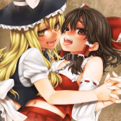 asanagi blonde_hair brown_eyes brown_hair collar empty_eyes fangs femsub happy_trance hat holding_hands leash long_hair marisa_kirisame open_mouth reimu_hakurei sub_on_sub tongue tongue_out touhou yellow_eyes yuri rating:questionable score: user:petal