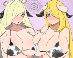  akkoh bikini_top blonde_hair blush breast_press breasts cleavage collarbone cow_girl cow_print cynthia fake_animal_ears female_only femsub hair_covering_one_eye horns large_breasts long_hair lusamine milf nintendo open_mouth pendulum pokemon pokemon_diamond_pearl_and_platinum pokemon_sun_and_moon spiral_eyes symbol_in_eyes symmetrical_docking  rating:questionable score: user:icontrol