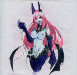 black_sclera blue_skin bottomless breasts class-change collar corruption demon_girl drool fangs femsub large_breasts long_hair monster_girl original pink_hair pussy_juice topless traditional transformation wings rating:Explicit score:30 user:TheGoodShank