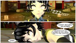 3d black_hair cat_girl comic dialogue electricity eye_roll femsub kali_belladonna rwby speech_bubble tepmarmy text yellow_eyes rating:Questionable score:21 user:numemaru