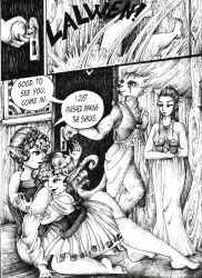 absurdres cat_girl comic elf elf_ears female_only furry greyscale halfling honey justsketchingviolets long_hair monochrome short_hair tabaxi tail text traditional rating:Questionable score:7 user:JustSketchingViolets