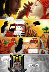 black_hair closed_eyes comic dark_skin dc_comics earrings female_only femdom femsub freckles jewelry long_hair marie_logan queen_bee red_hair rotem_dishon sitting super_hero text rating:Questionable score:17 user:TheGoodShank