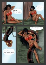 absurdres aged_up barefoot black_hair braid breasts cleavage comic dark_skin dialogue disney face_paint feet genderswap kaa kaeriia large_breasts long_hair midriff mowgli necklace open_mouth snake text the_jungle_book rating:Questionable score:76 user:TheGoodShank