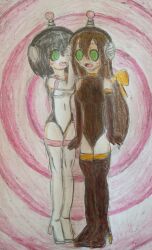 absurdres antenna black_hair bodysuit brown_hair female_only fembot femdom femsub gloves happy_trance headphones hypnotic_accessory hypnotic_eyes hypnotized_hypnotist latex leotard love_(tobyakafuji) maple_syrup_(tobyakafuji) multiple_girls open_mouth opera_gloves original ponytail robotization short_hair sketch smile spiral_eyes symbol_in_eyes tech_control tobyakafuji rating:Questionable score:19 user:TobyAkafuji