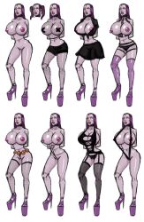10dsketches alternate_costume arms_behind_back bike_shorts bimbofication blush bottomless brain_drain breasts breasts_outside choker clitoris_piercing clothed_exposure dc_comics drool earrings expressionless female_only femsub fishnets garter_belt garter_straps grey_skin harness high_heels huge_breasts jewelry large_lips lingerie nipple_piercing nude open_clothes panties piercing puckered_lips purple_hair raven see-through sling_bikini solo super_hero teen_titans topless twintails underwear western rating:Explicit score:90 user:Grim