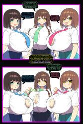  breasts brown_hair button_gap cleavage comic dazed dialogue empty_eyes femsub huge_breasts long_hair maledom manip multiple_girls multiple_subs short_hair shuz_(dodidu) skirt subliminal tagme text tie tiechonortheal_(manipper) trigger  rating:explicit score: user:trix89