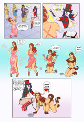 absurdres alternate_costume banedearg batman_(series) before_and_after bikini black_hair breasts cleavage collar comic corruption dc_comics dog_pose dress female_only femdom femsub fishnets gladiator_sandals gloves happy_trance hat high_heels large_breasts lipstick long_hair magic magic_wand magician memetic_control necklace opera_gloves pet_play pink_lipstick red_lipstick smile story super_hero text tongue tongue_out transformation veronica_vreeland_(batman) western zatanna_zatara rating:Questionable score:76 user:solddate