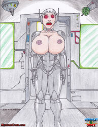 absurdres breasts collar crash drone expressionless female_only femsub glowing glowing_eyes helmet large_breasts original red_eyes robot robotization standing standing_at_attention tech_control topless rating:Questionable score:13 user:Sleepyhead97