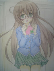 blush brown_hair femsub glasses green_eyes long_hair ohazikihime open_mouth original school_uniform traditional rating:Safe score:3 user:hypno